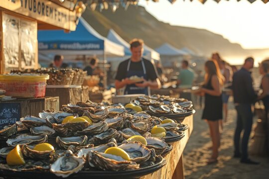 People gather at a lively oyster festival by the seaside, savoring fresh oysters served with lemon as the sun sets on the horizon