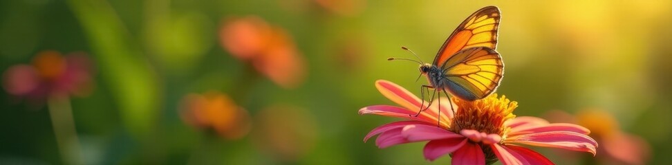 Obraz premium Delicate butterfly perched on vibrant wildflower, sunlight dappled wings, petal, leaf, delicate