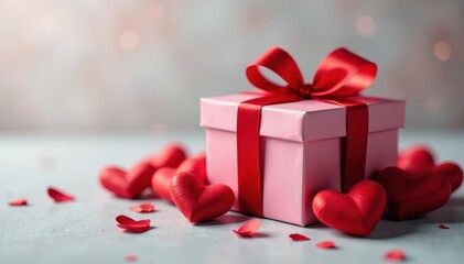 Obraz premium Elegant red ribboned gift box, hearts surround , beautiful, cute