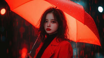 Rainy Night Portrait, Red Umbrella