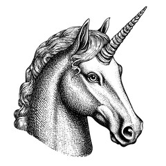 Detailed engraving of a mythical unicorn head for tattoo design featuring intricate lines and shading work