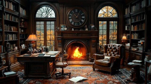 Elegant vintage home library with a crackling fireplace, wooden bookshelves, and a leather chair. Seamless looping 4K time-lapse animation video background