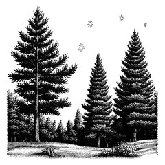 Fototapeta premium Engraved vector design featuring tall trees and stars in a serene landscape for tattoo enthusiasts