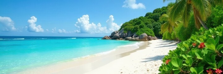 Lush vegetation, white sand beach, turquoise water , waves, shells, serene
