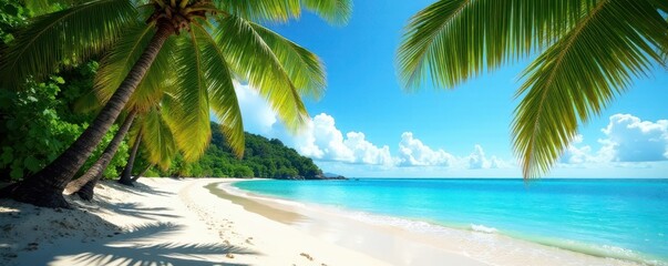 Lush palm trees frame pristine beach panorama , waves, sky