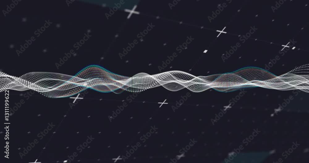Poster animating digital wave pattern with intersecting lines and dots on dark background