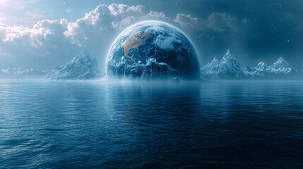 Flooded Earth sinking into water