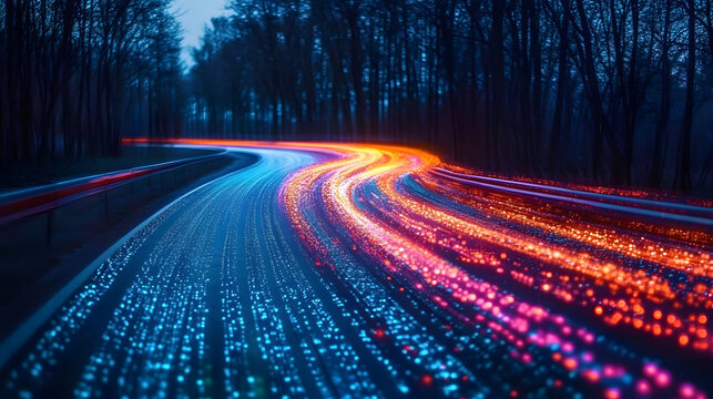 Digital data flow on road in concept of cyber global communication and coding with graphic creating vision of fast speed transfer to show agile digital transformation disruptive innov : Generative AI