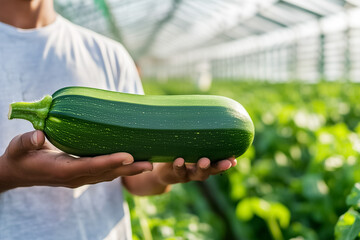 In a thriving greenhouse filled with lush greenery, a young farmer holds an impressive zucchini, beaming with pride over their successful harvest, embodying dedication and love for agriculture