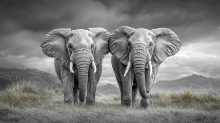 Fototapeta premium Two Elephants in Monochrome Landscape under Stormy Sky