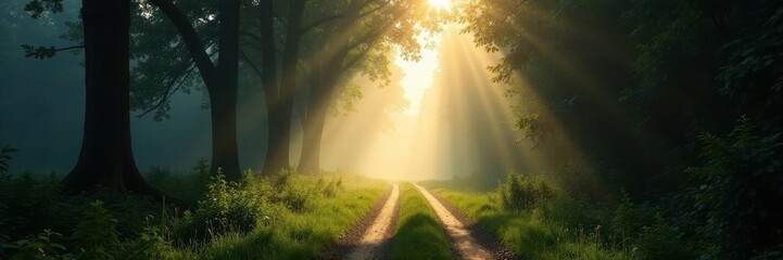 Fototapeta premium Sunbeams pierce fog, illuminating a tranquil country lane through ancient forest , rural, scenic