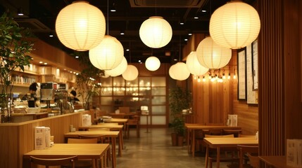 Japanese Restaurant Interior, Customers Dining, Warm Lighting, Paper Lanterns