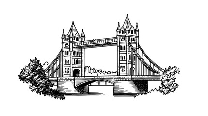 Obraz premium Engraved vector tattoo of a historic bridge showcasing detailed architecture and surrounding landscape