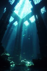Underwater Ruins, Sunbeams, Fish