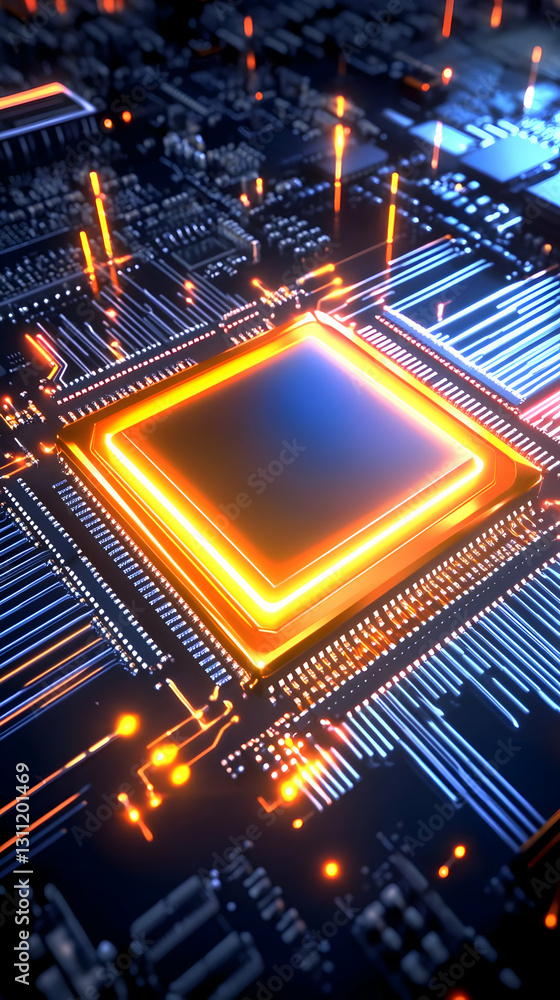 Poster 3d render abstract technology background with glowing orange