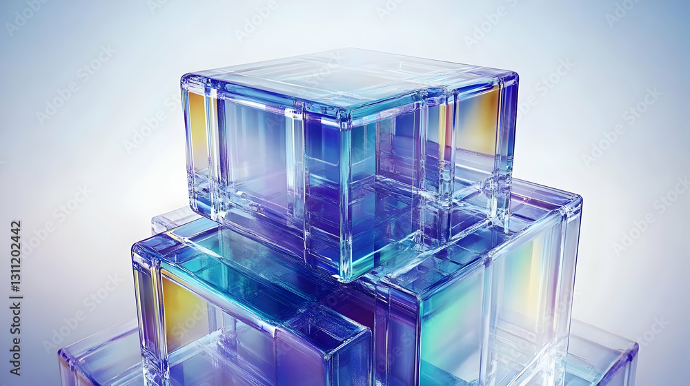 Poster 3d render of stacked iridescent glass cubes abstract background image