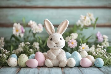 Obraz premium A handcrafted Easter display, funny bunny decorations surrounded by pastel-colored eggs, charming wooden background, high detail