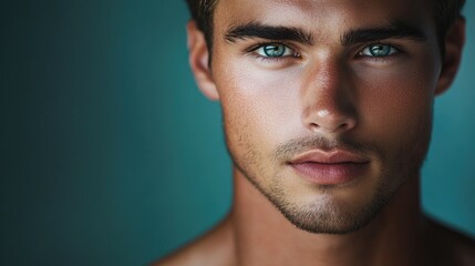 Fototapeta premium Close-up portrait of a youthful male with distinctive green eye color