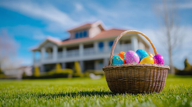Wicker Easter basket with colorful bright eggs stands on green lawn against private suburban house background