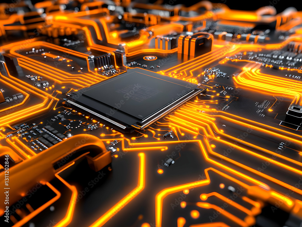 Poster abstract 3d orange and black circuit board with glowing processor
