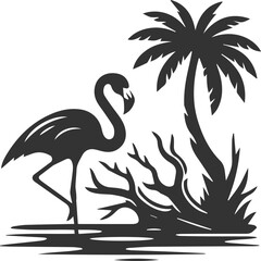 Silhouette of a flamingo standing near a fallen tree branch animal vector