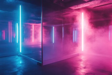 A cozy room with pink and blue walls lit up by neon lights, perfect for a trendy home decor or nightlife scene