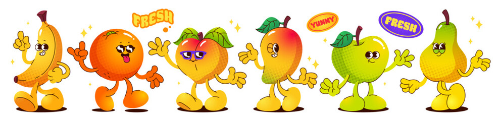 Groovy fruit cartoon characters with expressive faces and poses. Colorful cute positive mascots with different emotions and promotional text. Vibrant design for food packaging or educational material.