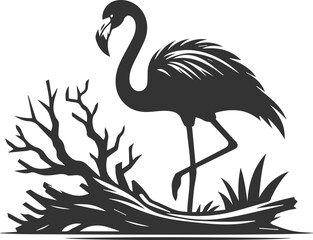 Silhouette of a flamingo standing near a fallen tree branch animal vector