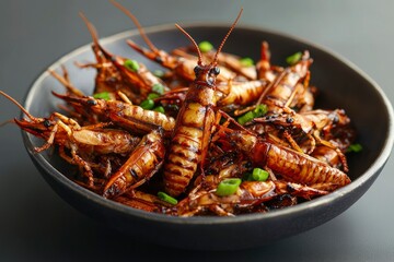 Roasted insects garnished with green onions in a bowl