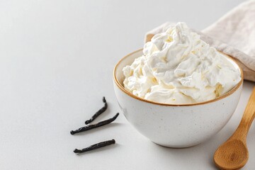 Whipped cream in rustic bowl with vanilla pods, evoking comfort