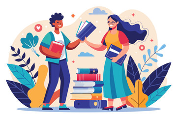 Two individuals exchange books enthusiastically amidst colorful surroundings in a community book event, People exchange books concept