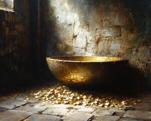 Luxurious bathroom with a golden bathtub, ideal for advertising spa and wellness services or as a decorative element