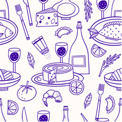 Seamless pattern italian cuisine. hand drawn pattern for menu printing, fabric and wrapping paper.