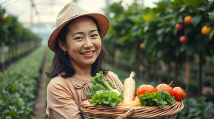 Portrait of happy Asian female farmer holding basket of fresh vegetables and fruits on organic farm in greenhouse garden