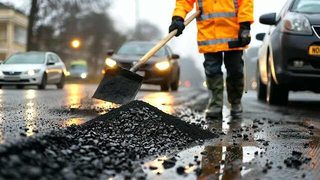 Urban worker fixing pothole with asphalt gravel on rainy street