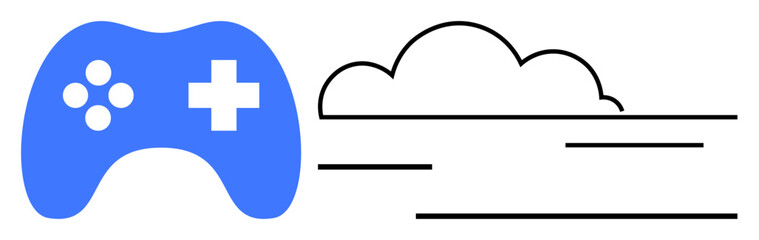 Obraz premium Blue gaming controller alongside a cloud icon with dynamic lines symbolizing connectivity and speed. Ideal for gaming, cloud technology, online play, innovation, entertainment, digital