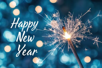 A "Happy New Year" banner featuring a sparkling firework in the foreground, with a soft blue bokeh background, festive and elegant