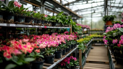 Fototapeta premium Colorful potted flowers on display in a bright greenhouse