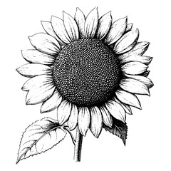 Fototapeta premium Engraved vector design of a sunflower with detailed petals and leaves for tattoo art
