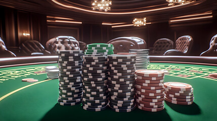 3D Render of Poker Chips on Casino Table