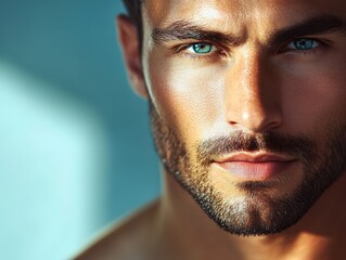 Fototapeta premium Portrait of a person with piercing blue eyes, great for personal use or business applications