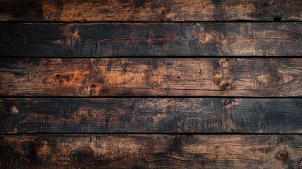 Close up view of aged dark wooden plank texture