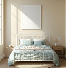 Beige bedroom with white bed and blank art