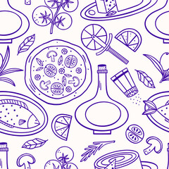 Seamless pattern of Italian cuisine. Hand drawn background for wrapping paper fabric and menu.