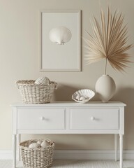 Coastal Decor, Seashells, Wicker Baskets, Light Beige Console Table