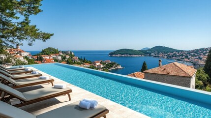 Fototapeta premium Infinity pool overlooking coastal town.
