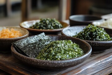 Various dried kombu ingredients are arranged in bowls for traditional Japanese cooking, showcasing the unique textures and colors