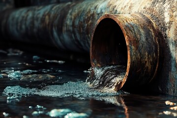 A high-detail 3D illustration of an overflowing sewage system leaking harmful chemicals into the ground.