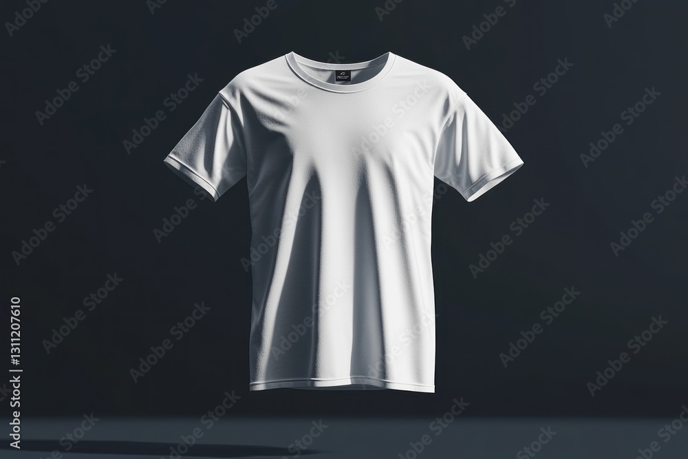Poster plain white t-shirt is showcased in a floating mockup against a dark backdrop, ideal for visualizing