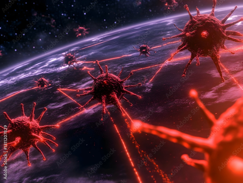Poster global virus network 3d illustration and visual representation of a